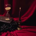 Burgundy Red Background with Candles, Grapes, Hourglass, and Books  screen for extension Chrome web store in OffiDocs Chromium