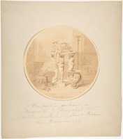 Free download Circular Drawing of a Classical Interior with Fire in Brazier, Greek Vase and Circular Tripod Table free photo or picture to be edited with GIMP online image editor