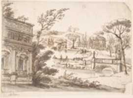 Free download Classical Landscape with Temples (recto); Indecipherable sketch, possibly of a seated figure (verso) free photo or picture to be edited with GIMP online image editor