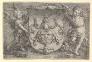 Free download Coat of Arms with a Mask, Held by Two Genii free photo or picture to be edited with GIMP online image editor