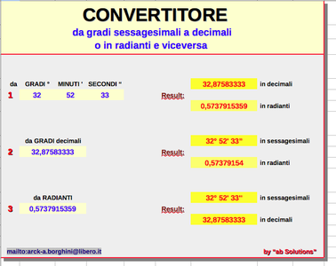 Free download Convertitore da gradi sessagesimali a decimali DOC, XLS or PPT template free to be edited with LibreOffice online or OpenOffice Desktop online