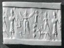 Free download Cylinder seal and modern impression: king before nude winged goddess above snake; weather god on bull free photo or picture to be edited with GIMP online image editor
