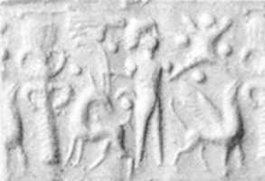 Free download Cylinder seal: palmette tree flanked by winged griffin and caprid; figure between them with raised hands; ingot free photo or picture to be edited with GIMP online image editor