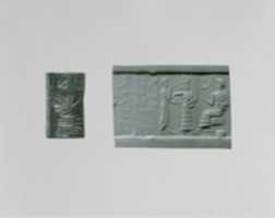 Free download Cylinder seal: seated figure approached by a goddess leading a worshiper free photo or picture to be edited with GIMP online image editor