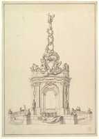 Free download Design for a Festival Monument: Base Holds a Small Orchestra; Triumphal Arch Surmounted by a Cartouche-Decorated Pyramid with Figure of Fame, below, a Royal Crown. free photo or picture to be edited with GIMP online image editor