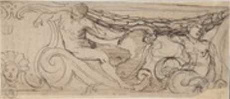 Free download Design for a Frieze: A Nude Man, Sea Creature, a Garland and Volutes, Small head of Unicorn free photo or picture to be edited with GIMP online image editor