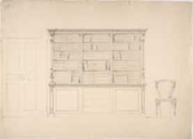 Free download Design for a Large Bookcabinet, with a Door at Left and a Chair at Right free photo or picture to be edited with GIMP online image editor