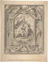 Free download Design for a Sculptured Frame with Garlands and Statues and a Painting of Two Human Figures with Puttis inside the Frame. free photo or picture to be edited with GIMP online image editor