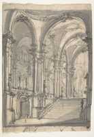 Free download Design for a Stage Sets  Groin-vaulted Stairway Leading to a Gallery with Another Stairway to a Second Story at Left (recto); Slight Sketch Traced Through form the Recto and Reworked (verso). free photo or picture to be edited with GIMP online image editor