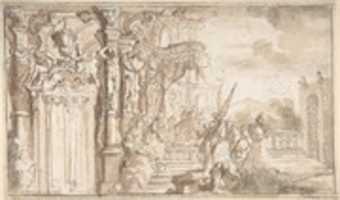 Free download Design for a Stage Set: Solomon Receiving the Queen of Sheba under a Baldacchino, with Fantastical Architecture and a Gardenscape. free photo or picture to be edited with GIMP online image editor