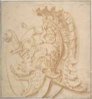 Free download Design for a Trophy with Sword and a Plumed Helmet Decorated with Grotesques Masks, Classical Motifs. free photo or picture to be edited with GIMP online image editor