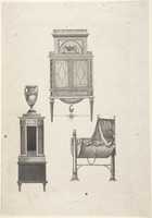 Free download Design for furniture in a variation on the style of Thomas Sheraton, a desk or bookcase, a plate-warmer (?) pedestal, and a cradle free photo or picture to be edited with GIMP online image editor