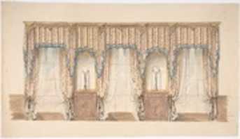 Free download Design for Pink, Gold, Blue and White Curtains with Blue Fringes and a Gold and Wood Pediment free photo or picture to be edited with GIMP online image editor