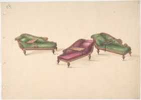 Free download Design for Three Reclined Reading Sofas with Trays, on Casters, Upholstered in Green and Red free photo or picture to be edited with GIMP online image editor