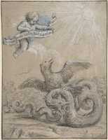 Free download Design with an Eagle Fighting with a Serpent and a Putto in the Sky Holding an Inscribed Banner. free photo or picture to be edited with GIMP online image editor