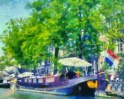 Gratis download Digitale oliepasteltekening van een Amsterdamse woonboot met vlag gratis foto of afbeelding om te bewerken met GIMP online afbeeldingseditor