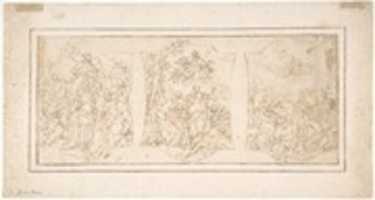 Free download Drawing for Ceiling Decoration Consisting of Three Panels Each Showing a Different Scene with Figures free photo or picture to be edited with GIMP online image editor