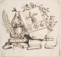 Free download Drawing of a Decorated Coat of Arms surrounded by Books, Owl, Leaves, Vase and a Snake free photo or picture to be edited with GIMP online image editor