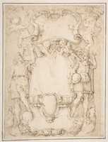 Free download Drawing of Cartouche with Bearded Man Left, Young man crowned with Laurels Right, and Four Putti free photo or picture to be edited with GIMP online image editor