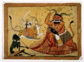 Laden Sie Durga Slaying the Buffalo Demon, Raktabij und Kali Lapping up the Demons Blood, Seite aus einer Markandeya Purana-Serie kostenlos herunter