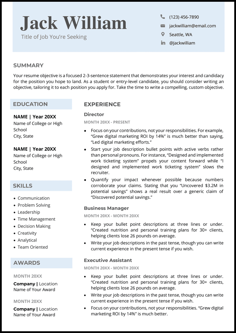 Easy Microsoft Word resume template with blue headers