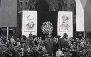 Free download Edward Benes Speaking In Prague 1945 W Large Portraits Of Stalin And Himself In Background free photo or picture to be edited with GIMP online image editor