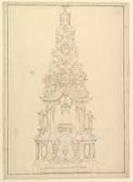 Free download Elevation of a Catafalque: the Central Part Comprised of a Series of Steps to Top; with Statues and Central Cartouche with a Figural Scene: a Figure Kneeling before Virgin and Child (?) free photo or picture to be edited with GIMP online image editor