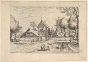 Free download Farmstead, cows and herdsman in the foreground from Praediorum villarum et rusticarum casularum icones elenoantissimae ad vivum in apre deformatae free photo or picture to be edited with GIMP online image editor