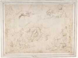 Free download Figure Studies: Three Sketches of Cain Killing Abel, with an Altar of Sacrifice at Center, Two Standing Women, a Hand, and a Seated Child with a Squirrel free photo or picture to be edited with GIMP online image editor