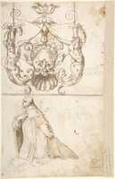 Free download Five Birds, Two Snails and a Cartouche with masks (recto); Grotesque with Two Figures and Mask; Below, A Kneeling Cleric (verso) free photo or picture to be edited with GIMP online image editor