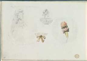 Free download Four Costume Design Sketches of a Woman, a Basket, a Collar, and a Sleeve free photo or picture to be edited with GIMP online image editor