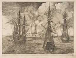 Free download Four-Master (Left) and Two Three-Masters Anchored near a Fortified Island with a Lighthouse from The Sailing Vessels free photo or picture to be edited with GIMP online image editor