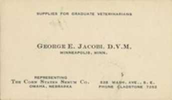 تنزيل مجاني George E. Jacobi ، DVM ، بطاقة عمل عتيقة ، Minneapolis ، Minnesota صورة مجانية أو صورة لتحريرها باستخدام محرر الصور عبر الإنترنت GIMP
