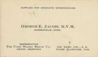 ดาวน์โหลด George E. Jacobi, DVM, นามบัตรวินเทจ, Minneapolis, Minnesota ฟรีรูปภาพหรือรูปภาพที่จะแก้ไขด้วยโปรแกรมแก้ไขรูปภาพออนไลน์ GIMP