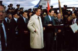 Free download George Herbert Walker Bush and Thomas Kean, Newark Airport, NJ 1992 free photo or picture to be edited with GIMP online image editor