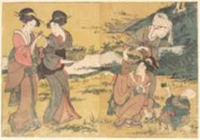 Free download Girls Picking Green Leaves, from the illustrated book Flowers of the Four Seasons free photo or picture to be edited with GIMP online image editor
