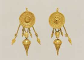 Free download Gold disk earring with a female head and cone pendants free photo or picture to be edited with GIMP online image editor