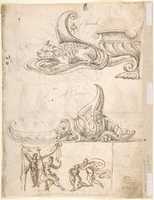 Free download Grotesque with Satyr Head and Fan Above Octagonal Medallion with Figure Kneeling Before an Idol.  Two Gryphons Drinking from Bowls Held Aloft by Jemale Term - like figure (recto); Two Turtle Like Creatures Above Scene with Four Figures (verso) free photo or picture to be edited with GIMP online image editor