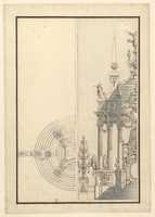 Free download Half Elevation and Half Ground Plan for a Catafalque: Columns Supporting a Stepped Dome with 2 Obelisks Surmounted by Figure of Fame free photo or picture to be edited with GIMP online image editor
