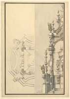 Free download Half Ground Plan and Half Elevation for a Catafalque with Royal Crown Surmounting Casket free photo or picture to be edited with GIMP online image editor