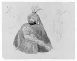 Free download Half-length Bearded Man in Armor and Cape, Drawing Sword (Macbeth?); Three Standing Angels (or Witches?); Male Figure in Skins (from Sketchbook) free photo or picture to be edited with GIMP online image editor