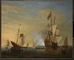 Free download Harbor Scene: An English Ship with Sails Loosened Firing a Gun free photo or picture to be edited with GIMP online image editor