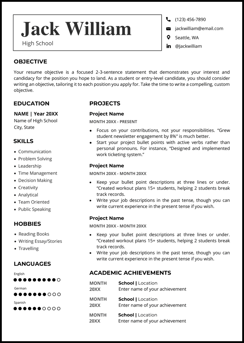 Black and white high school Microsoft Word resume template