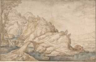 Free download Hilly Landscape with River, Bridge and Houses with Two Figures at Left free photo or picture to be edited with GIMP online image editor