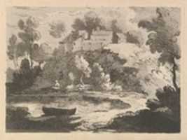 Free download Hilly River Landscape, a Boat in the Water at Foreground Left, a Figure on the Far Shore, Houses on a Wooded Hill Beyond (from Imitations of Modern Drawings) free photo or picture to be edited with GIMP online image editor