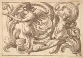 Acanthus Rinceaux 무료 사진 또는 GIMP 온라인 이미지 편집기로 편집할 그림 사이에 남성 그림, Putto 및 뱀이 산재된 수평 패널 디자인 무료 다운로드