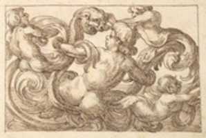 Free download Horizontal Panel Design with Four Hybrid Male Figures and a Fantastical Creature Interspersed between Acanthus Rinceaux free photo or picture to be edited with GIMP online image editor