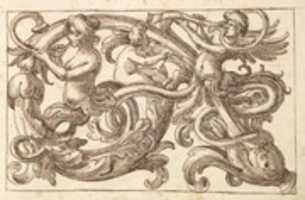 Free download Horizontal Panel Design with Two Male Figures and a Putto Interspersed between  Acanthus Rinceaux free photo or picture to be edited with GIMP online image editor