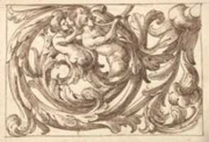Free download Horizontal Panel Design with Two Male Figures Playing Horns Interspersed between Acanthus Rinceaux free photo or picture to be edited with GIMP online image editor