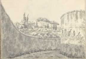 Free download Landscape with a Curved Wall, Round Tower and Distant Villa (Smaller Italian Sketchbook, leaf 8 recto) free photo or picture to be edited with GIMP online image editor